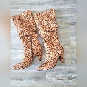 Theodora Leopard Rhinestone Boots Size 8.5